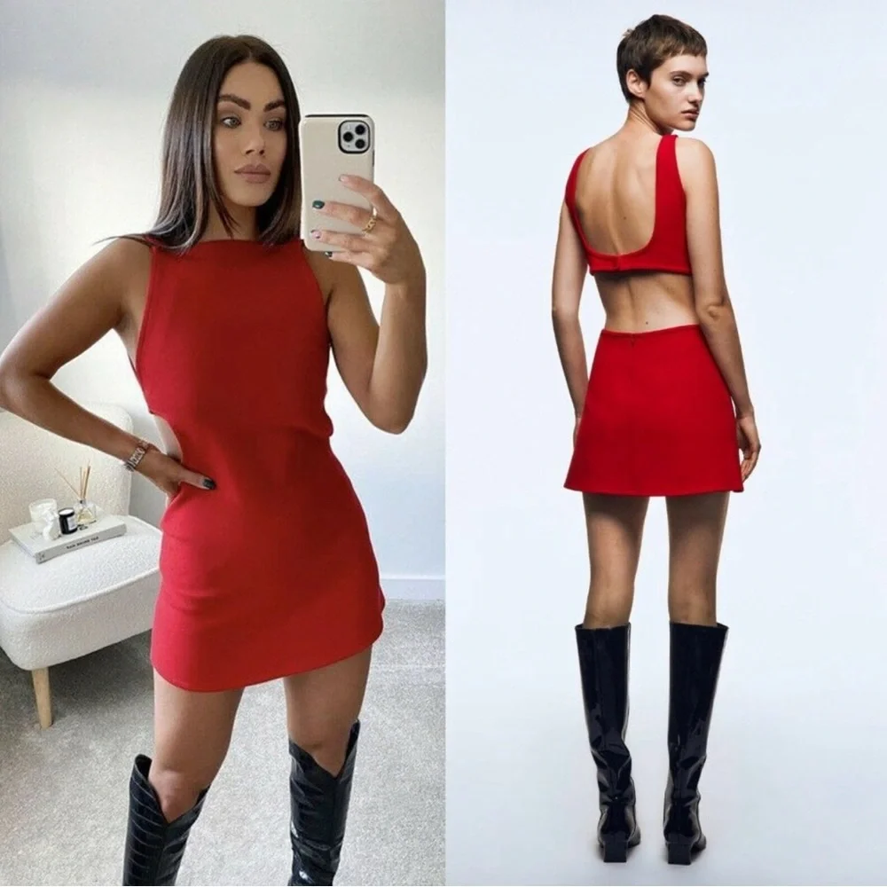 Zara | Dresses | Zara Cutout Mini Dress Red Back Cutout Structured Xs |  Poshmark